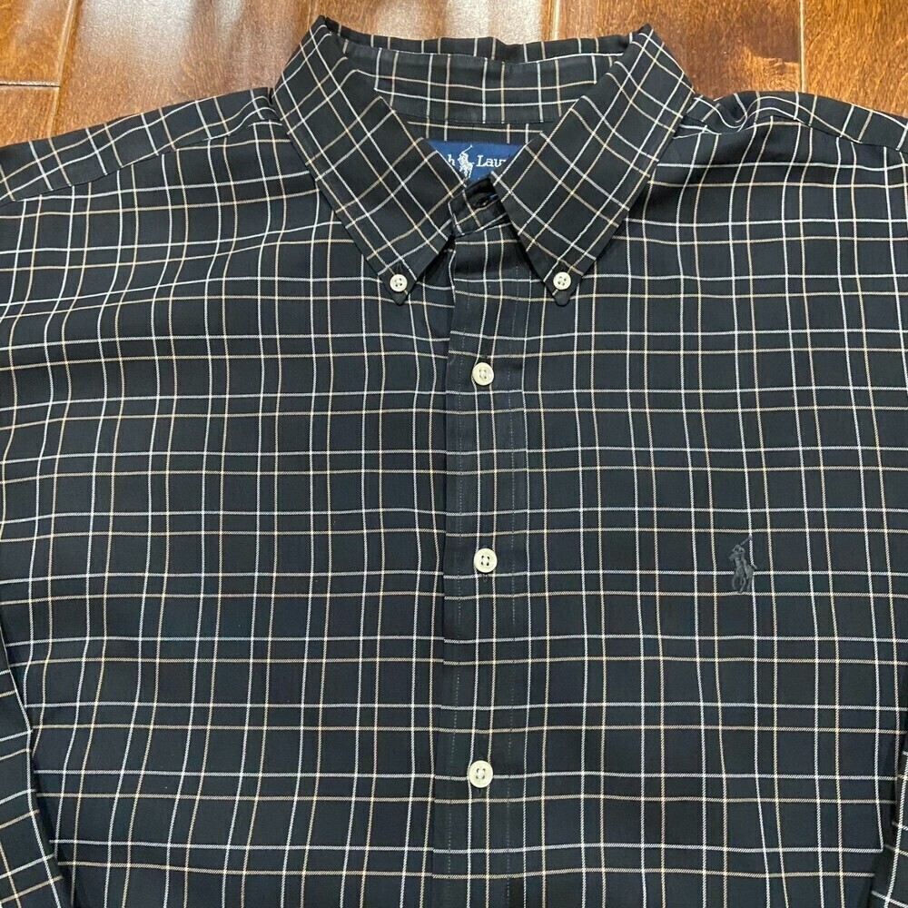Polo Ralph Lauren Vintage 90s Big & Tall Checkered Black Tan Button Up Shirt XXL - Picture 2 of 7
